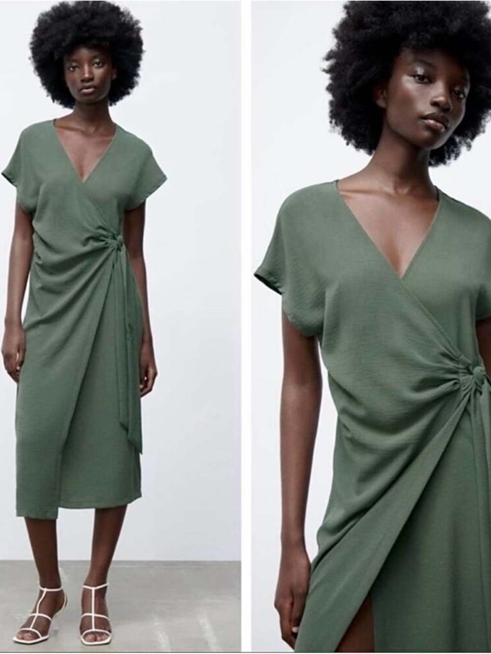 Zara Olive Green V-Neck Wrap Midi Dress NWT Size S